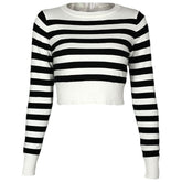Chic Crew Neck Long Sleeve Black and White Striped Cropped Knit Sweater